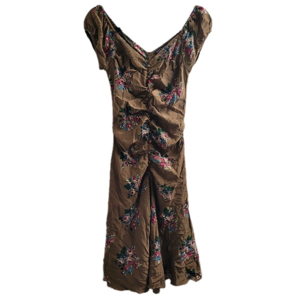 Vintage Betsey Johnson New York Silk Floral Ruched Dress Brown Sz 6 Read